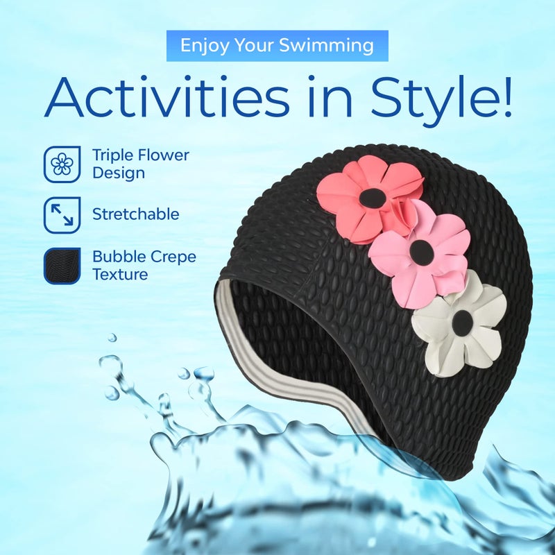 Beemo Latex Swimming Cap for Women, Swim Cap for Long Hair or Short Hair, Bath & Swim Caps to Shield Hair from Damage, Use as Large Shower Cap, Black Swimming Cap with Pink & White Flowers - Image 3